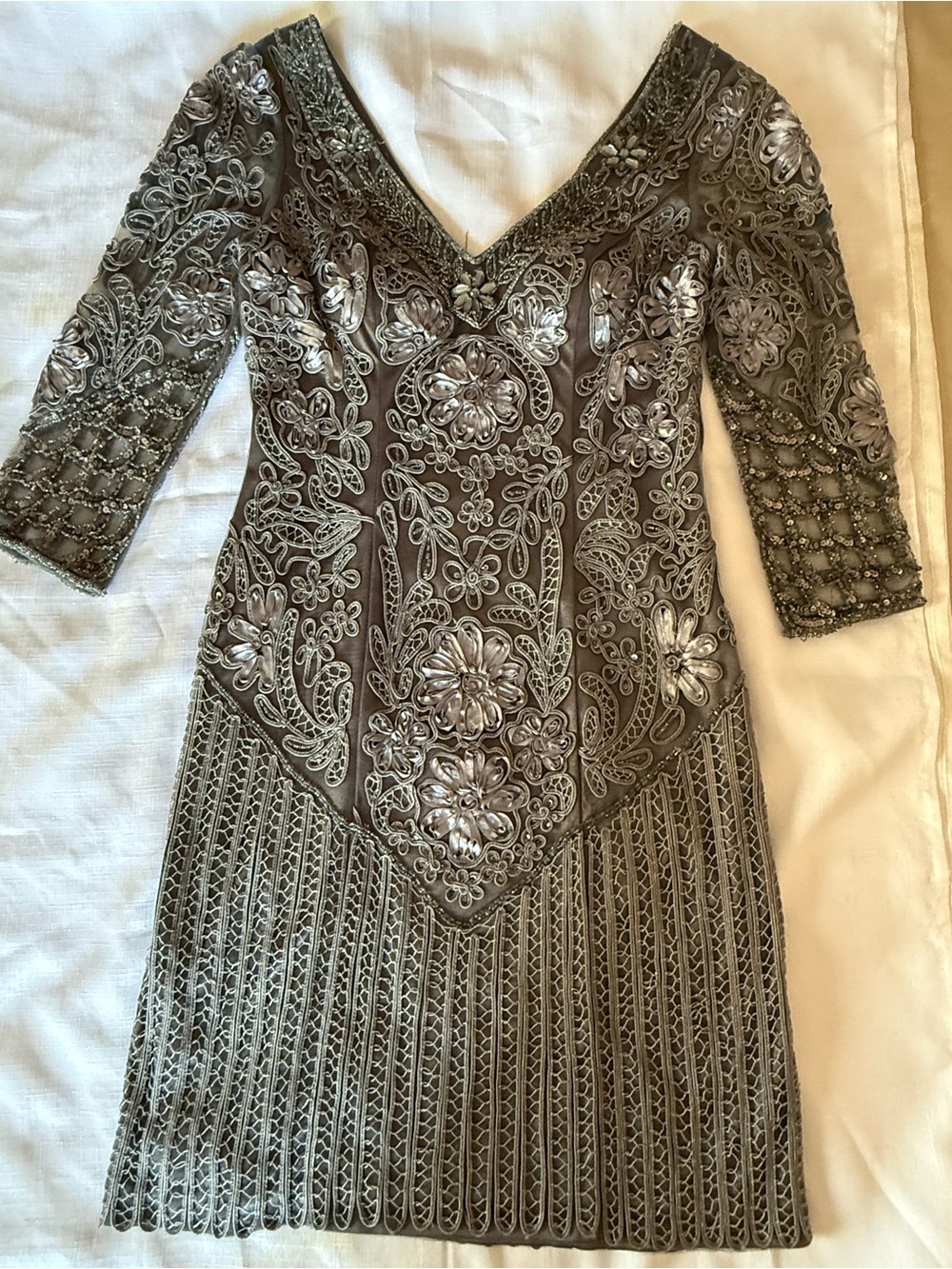 Sue Wong Nocturne Silver Beaded Flapper Vintage Dress size 6